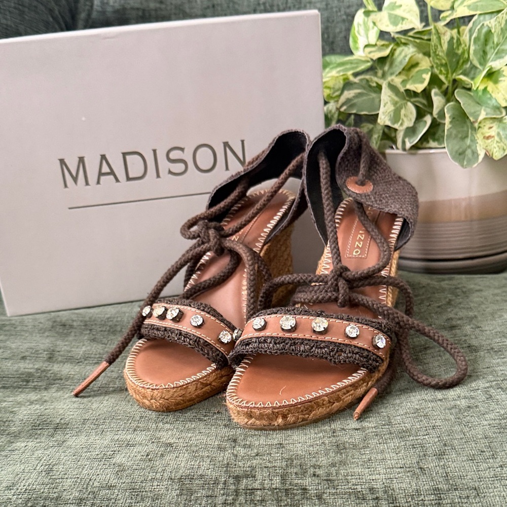 New, never worn Madison Taupe Espadrille Sandals with Rhinestone Accents